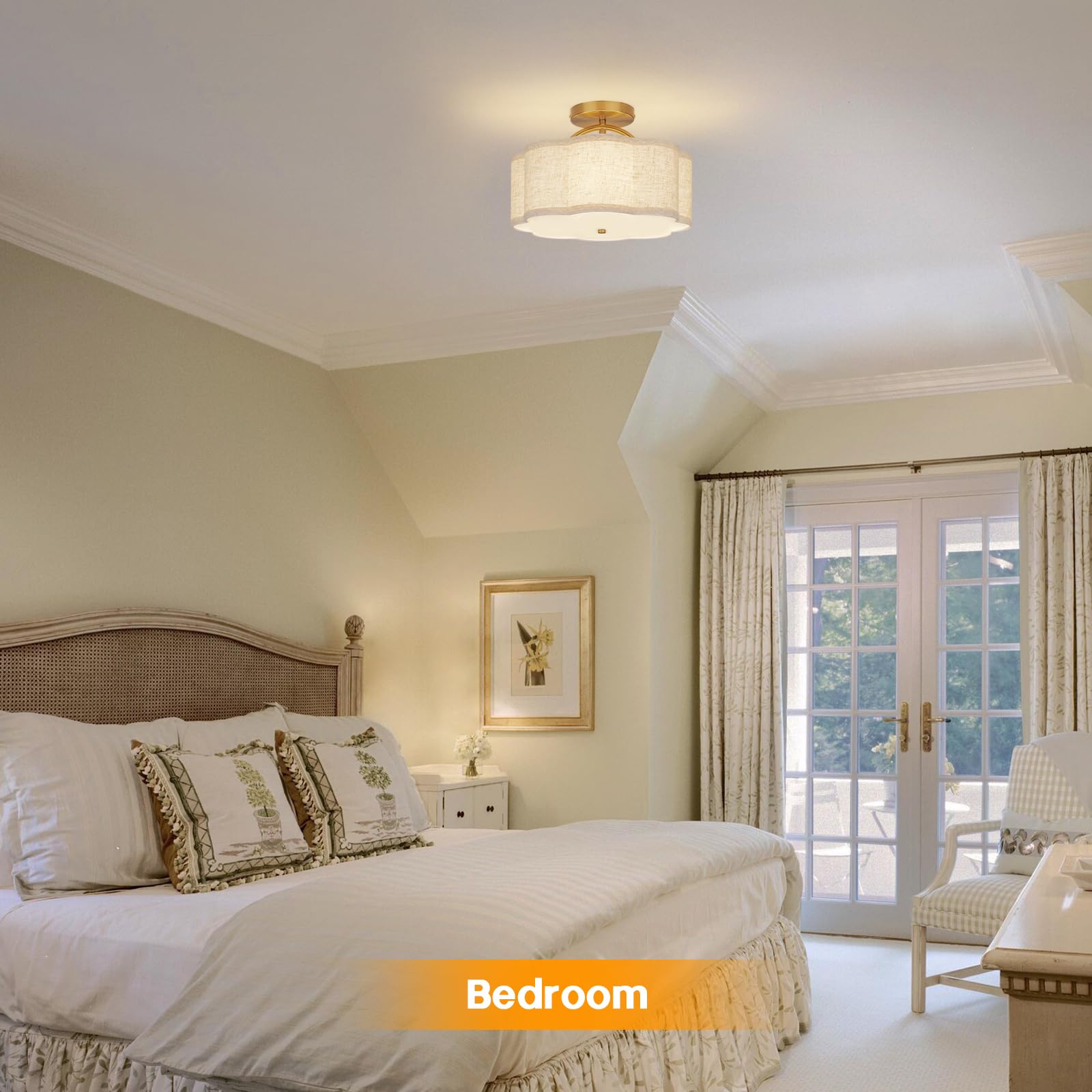 CALOKES Semi Flush Mount Ceiling Light, 11.8" Modern 3-Light Fixture with Petal-Shaped Cream White Fabric Shade and Golden Support Arm, Ideal for Bedroom, Kitchen, Living Room, Hallway, and Entryway
