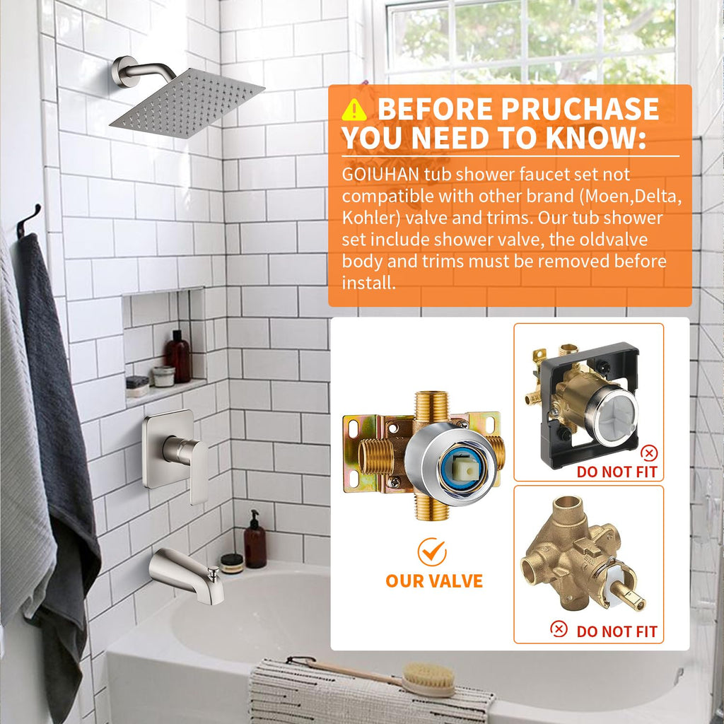 Gold Brushed Tub Shower Faucet Set With 8" Shower Head & Spout