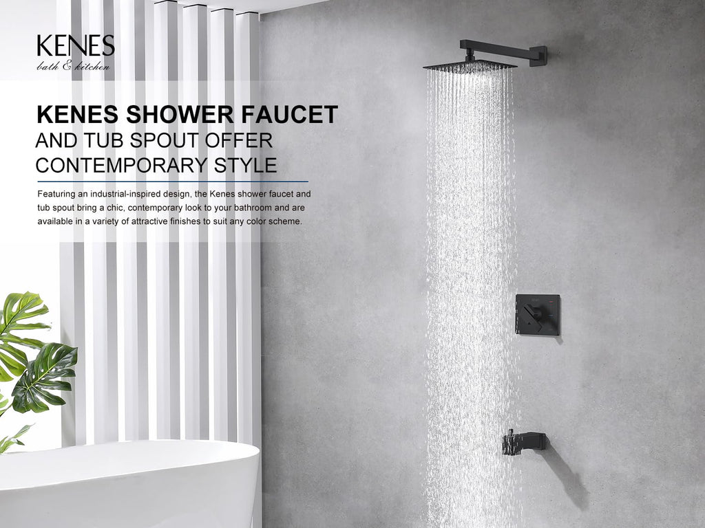KENES Brushed Nickel 10-Inch Shower Head and Handle Set, Square Shower Faucet Set Bathroom Rainfall Shower System Wall Mount, KE-6024B (Shower Valve Included)