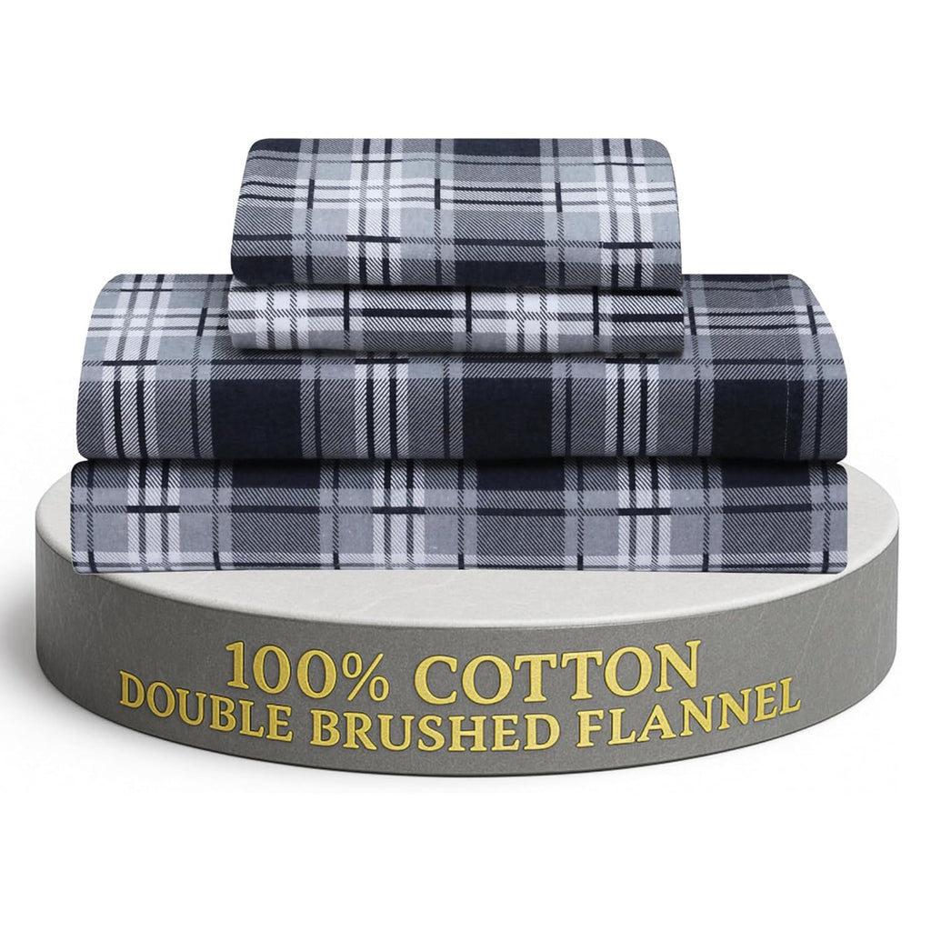 Feather & Stitch 100% Cotton Flannel Twin Sheet Set, 3 Piece Brushed Cotton Flannelette Flat Sheet, Winter Fitted Sheet, Heavy Weight Bedding, 16" Deep Pocket (Grey Plaid)
