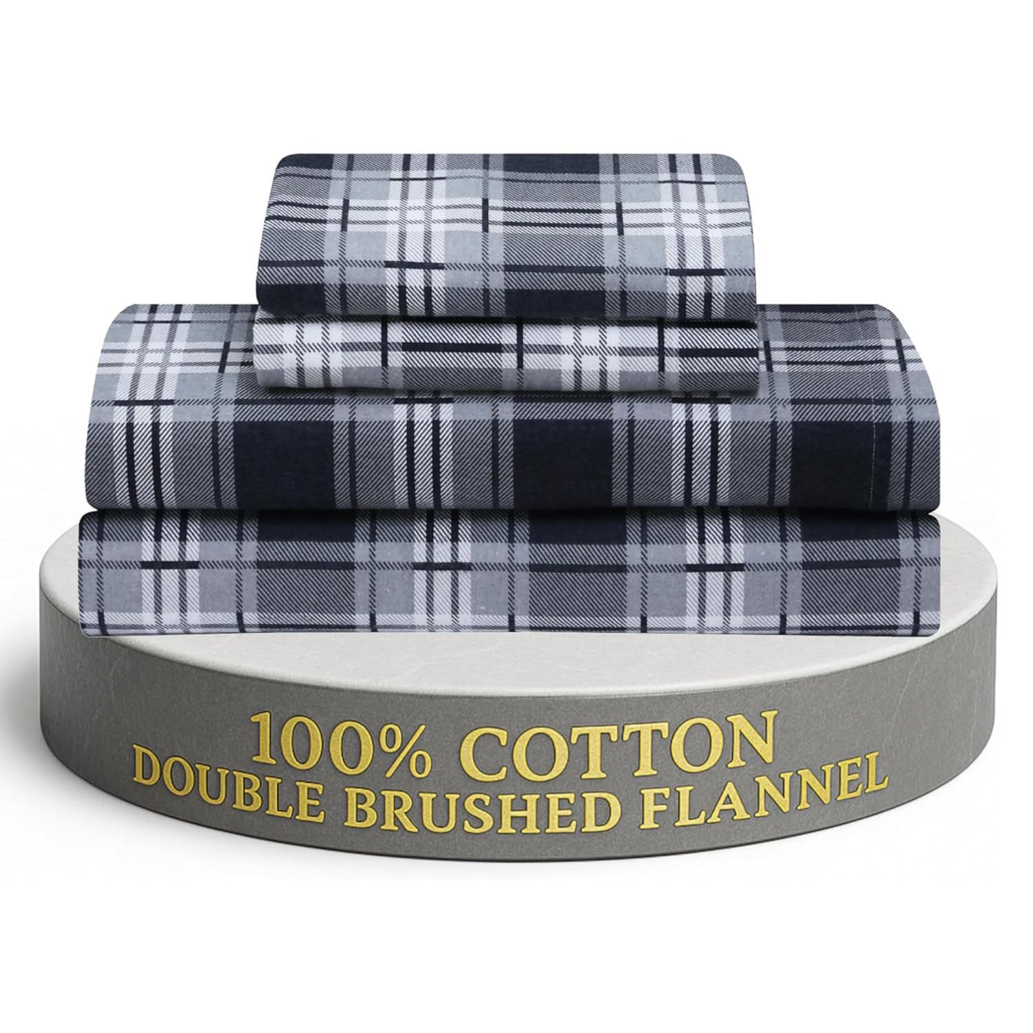 Feather & Stitch 100% Cotton Flannel Twin Sheet Set, 3 Piece Brushed Cotton Flannelette Flat Sheet, Winter Fitted Sheet, Heavy Weight Bedding, 16" Deep Pocket (Grey Plaid)