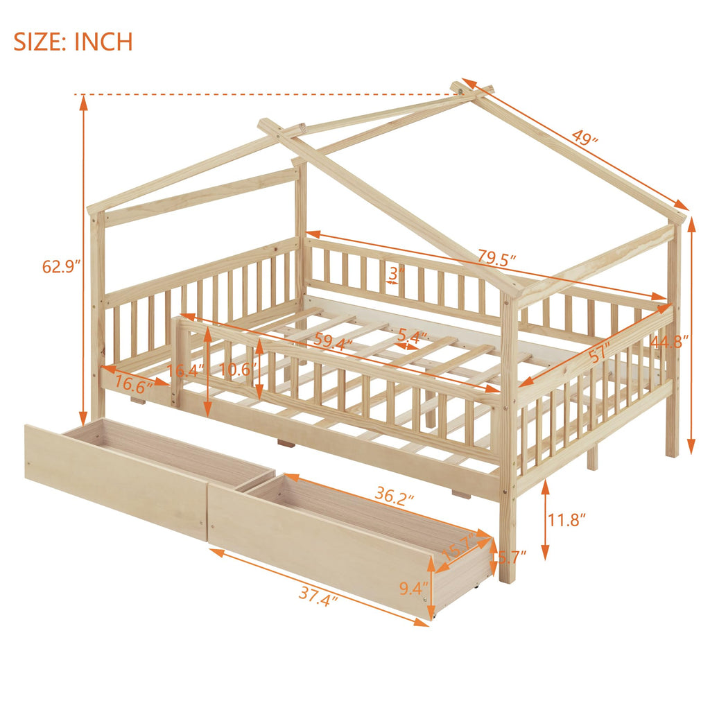 Merax Twin Size Wooden House Bed with Two Drawers, Wood Bed Frame with Roof for Kids, Teens, Boys or Girls, Grey