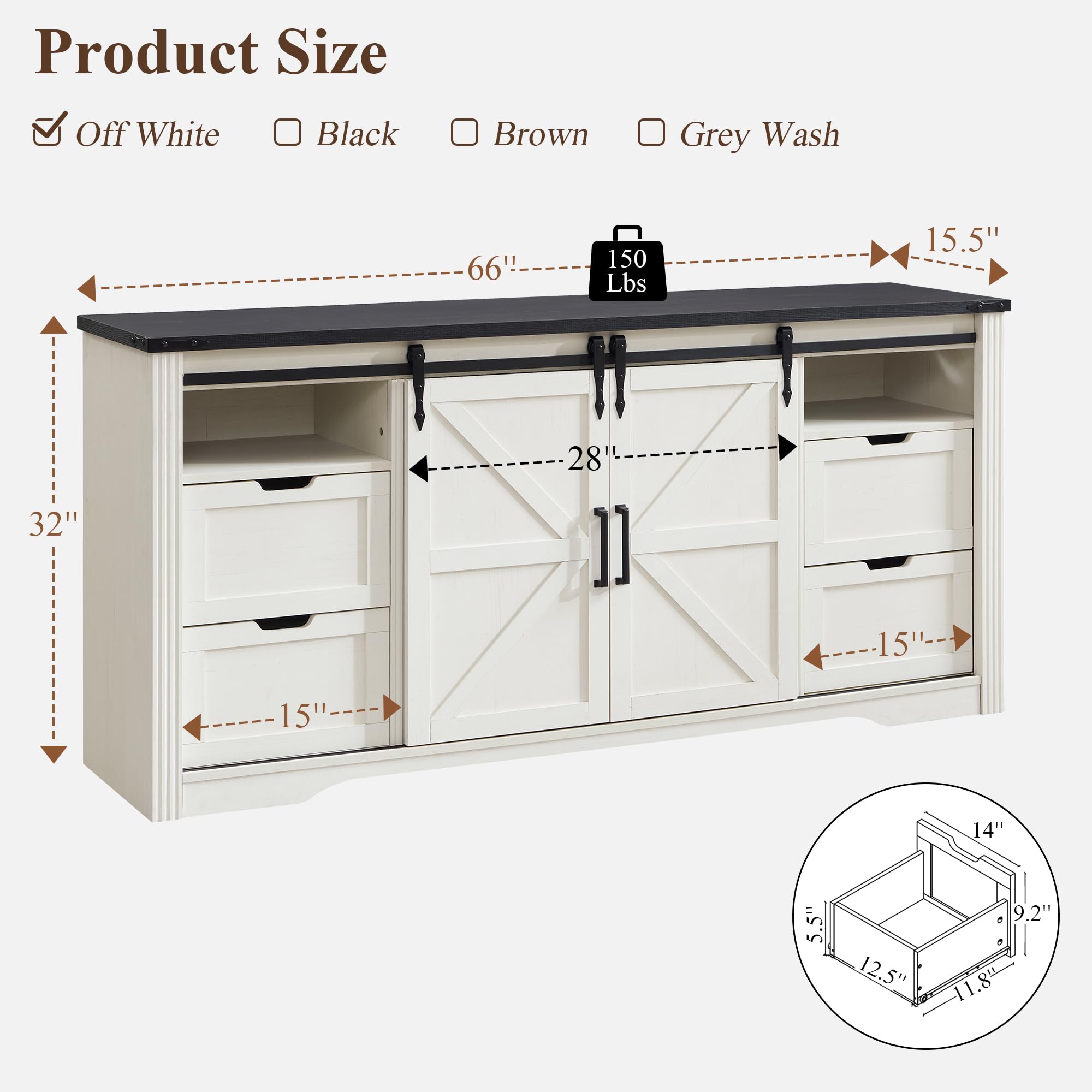 JXQTLINGMU Farmhouse TV Stand for 75+ Inch TV, 32" Tall Entertainment Center w/4 Drawers & Sliding Barn Door, Rustic Media Console w/Storage Shelves, 66" Wood Television Stand for Living Room, Black