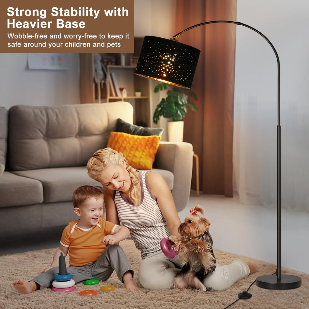 Rattan Floor Lamp, Arc Floor Lamps for Living Room, Farmhouse Standing Lamp with Adjustable Hanging Fabric Shade, Tall Pole Lamp with Foot Switch, Over Couch Arched Reading Light for Bedroom, Office