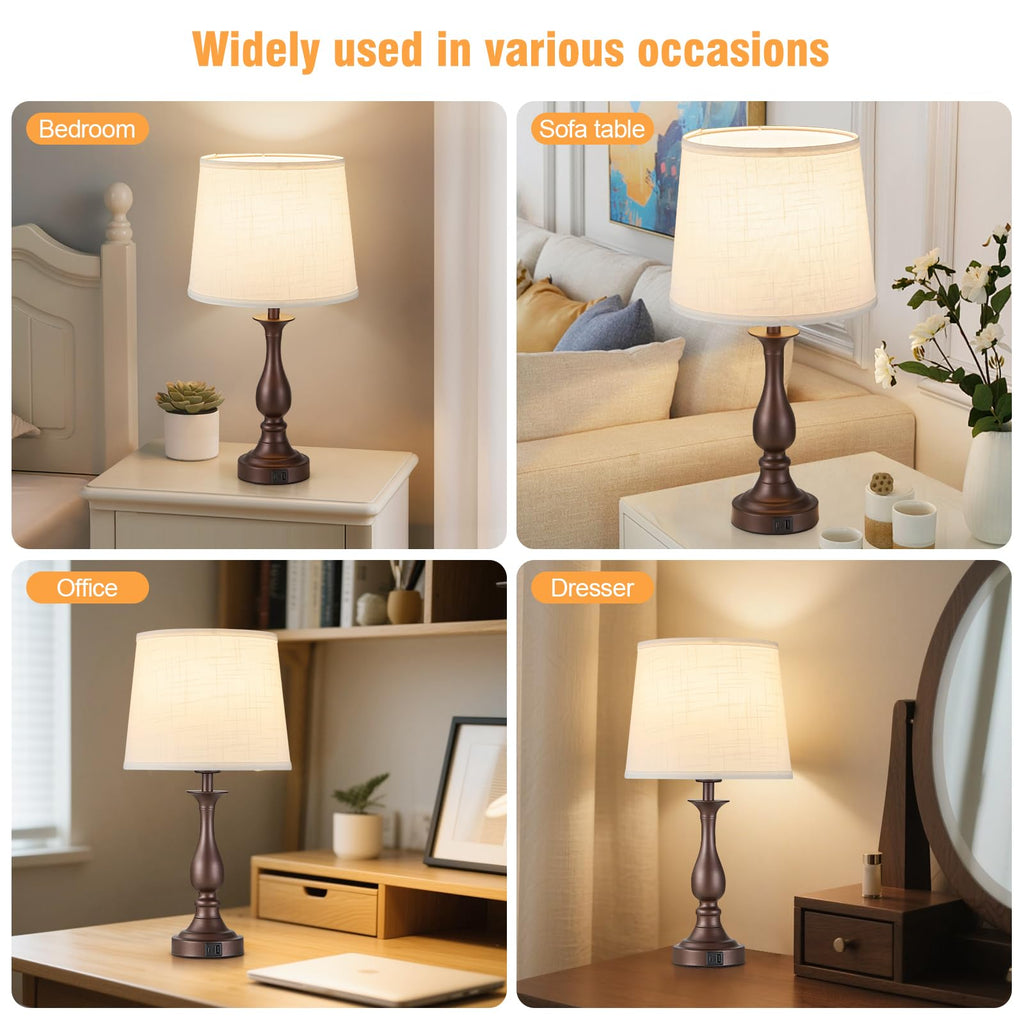 Bedside Table Lamp Touch Control Bedroom Lamps with USB A and C Charging Port 3 Way Dimmable Touch Lamps for Nightstand Living Room Bedroom Dorm Home Office Reading, Set of 2