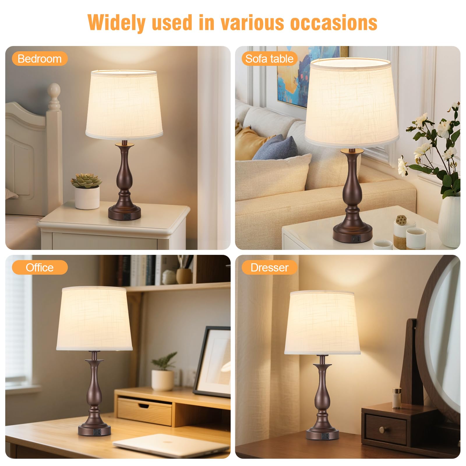Bedside Table Lamp Touch Control Bedroom Lamps with USB A and C Charging Port 3 Way Dimmable Touch Lamps for Nightstand Living Room Bedroom Dorm Home Office Reading, Set of 2