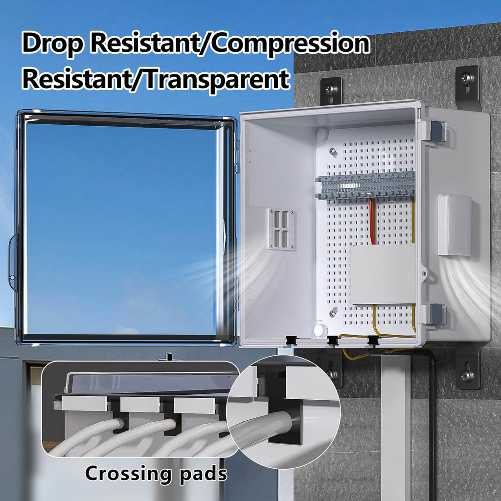 ABS Electrical Junction Box, Ventilated Design, Cable Grommets, IP65 Waterproof Enclosure, Indoor/Outdoor Use with Mounting Panel. (Clear Cover, 8.7"x6.7"x4.3")