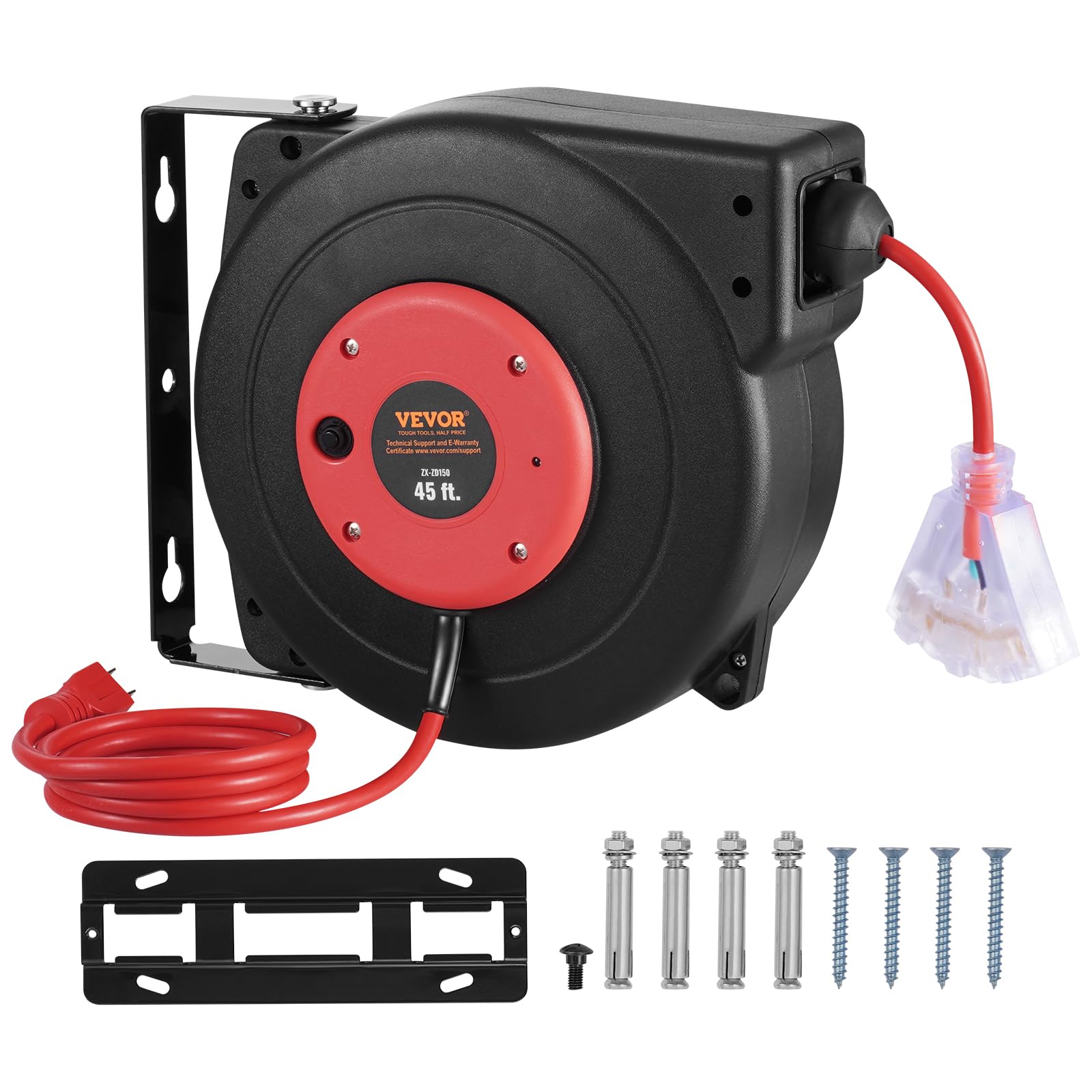 VEVOR Retractable Extension Cord Reel, 30 FT, Heavy Duty 16AWG/3C SJTOW Retractable Power Cord Reel with Lighted Triple Tap Outlet 10 Amp Circuit Breaker 4.5FT Lead-in Cord, for Ceiling or Wall Mount