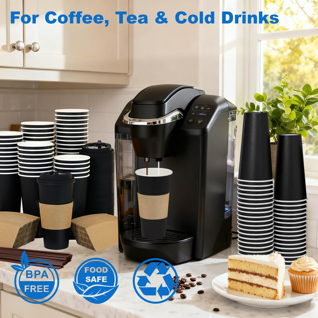 16 oz 100 Pack Corrugated Ripple Wall Disposable Coffee Cups with Lids and Straws, Heavy Duty Insulated Cups for Hot Beverage or Cold Drinks, Bulk for Restaurants, Offices, Coffee Shops(Black)