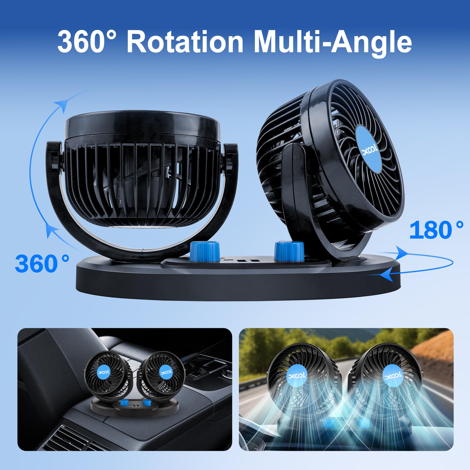 XOOL Clip Car Fan, 9 Inches 12V/24V Fan, 360° Rotatable Electric Cooling Clip on Fan with Stepless Speed Regulation for SUV, RV, Truck