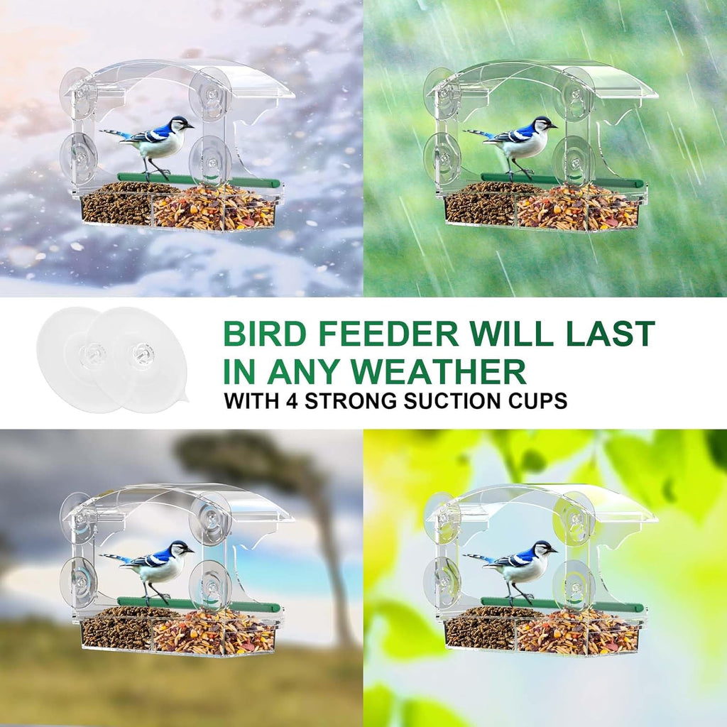 Clear Acrylic Window Bird Feeder for Outside with 4 Strong Suction Cups and Detachable Seed Tray, Highly Transparent Outdoor Viewing Birdfeeder, Wild Bird House Box