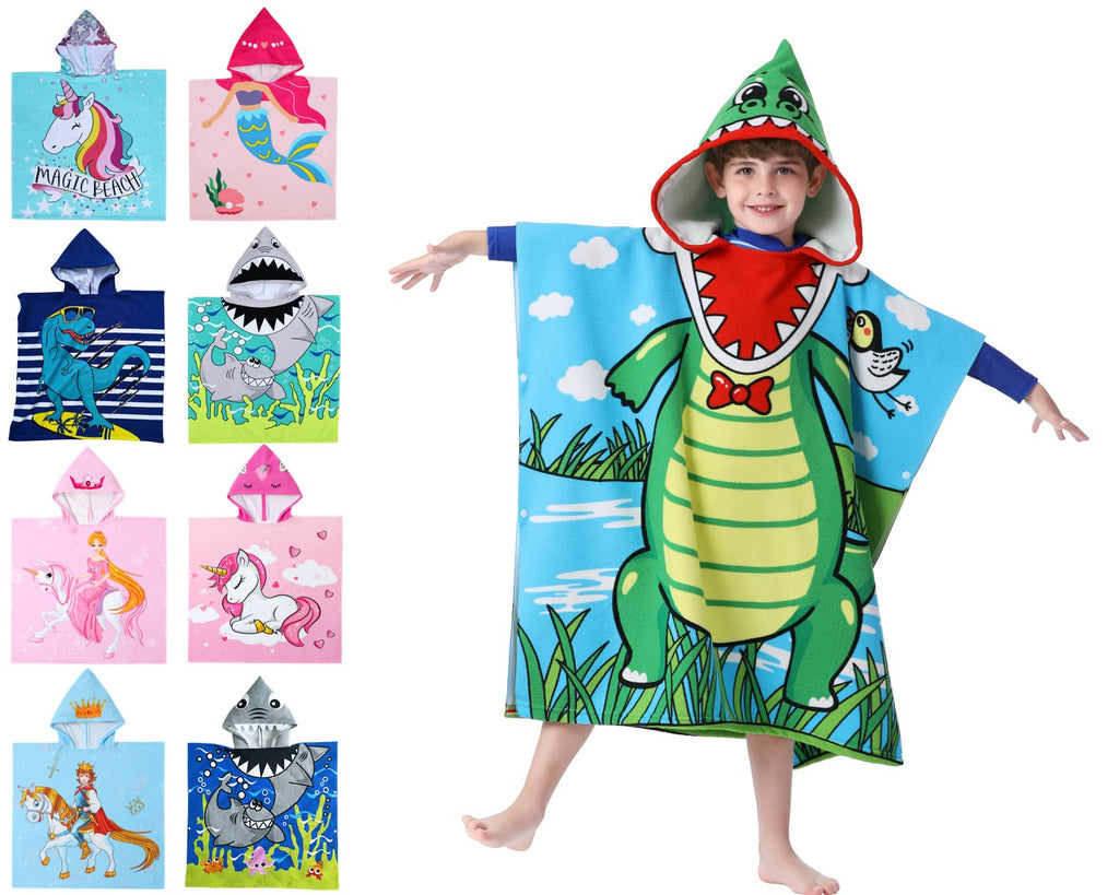 Soft Microfiber Swim Cover-ups for 3 to 10 Years Old Kids Hooded Bath Beach Poncho Towels (Alligator, Fits 3-10 Years)