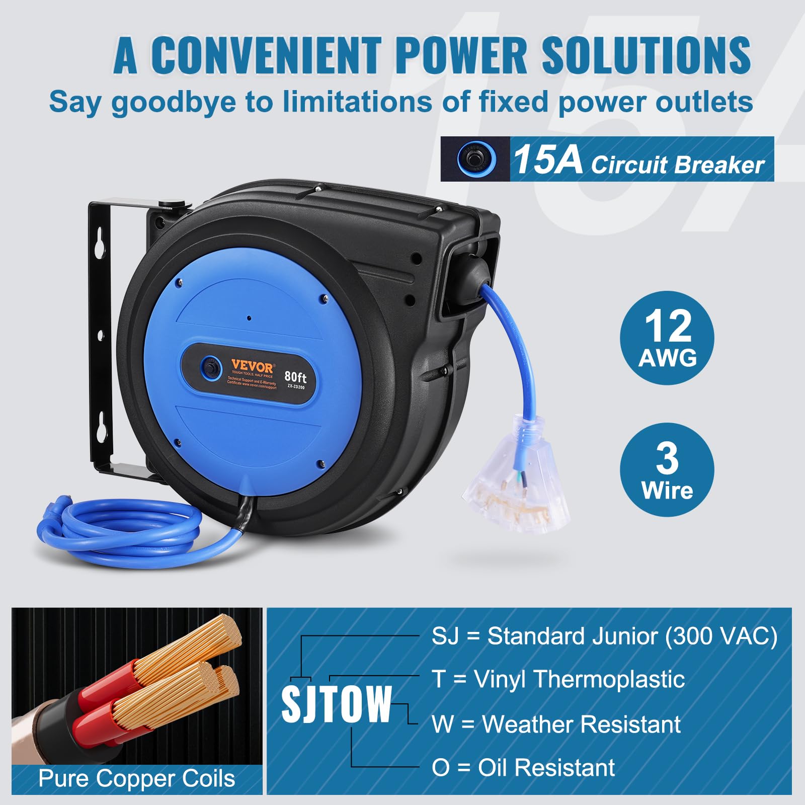 VEVOR Retractable Extension Cord Reel, 30 FT, Heavy Duty 16AWG/3C SJTOW Retractable Power Cord Reel with Lighted Triple Tap Outlet 10 Amp Circuit Breaker 4.5FT Lead-in Cord, for Ceiling or Wall Mount