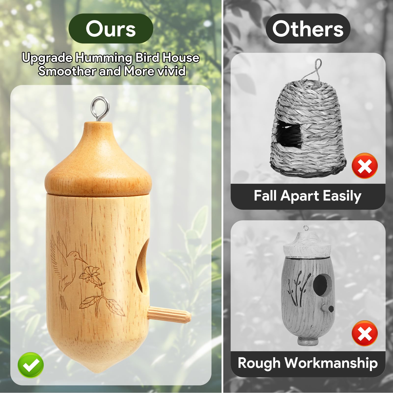 Hummingbird House, Small Hummingbird Houses for Outside, Wooden Bird House with Bow, String, Cute Gardening Gifts Home Decoration