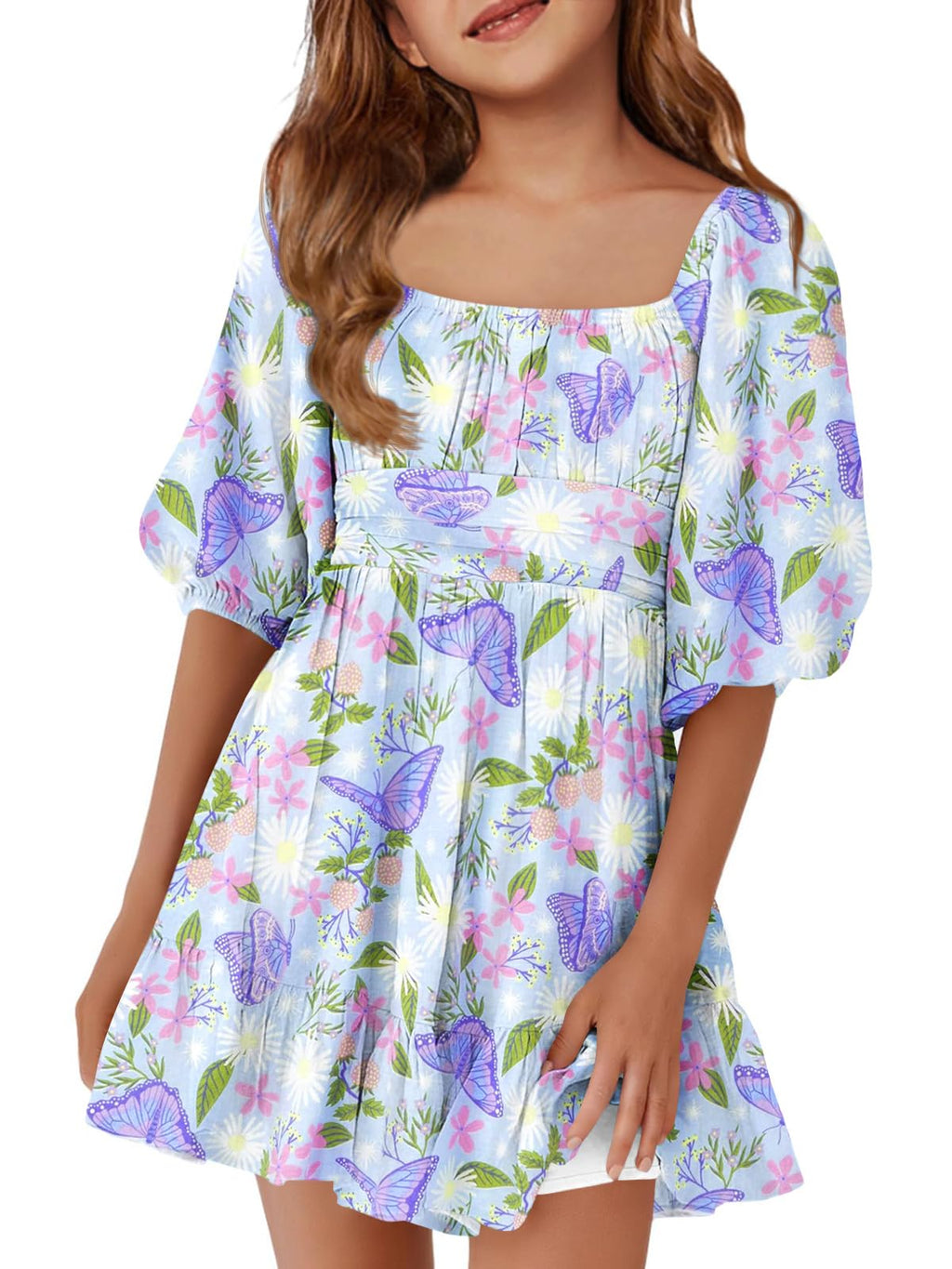 Girls Summer Dresses Square Neck Lantern Sleeve Tie Backless Ruffle A-Line Party Mini Dress