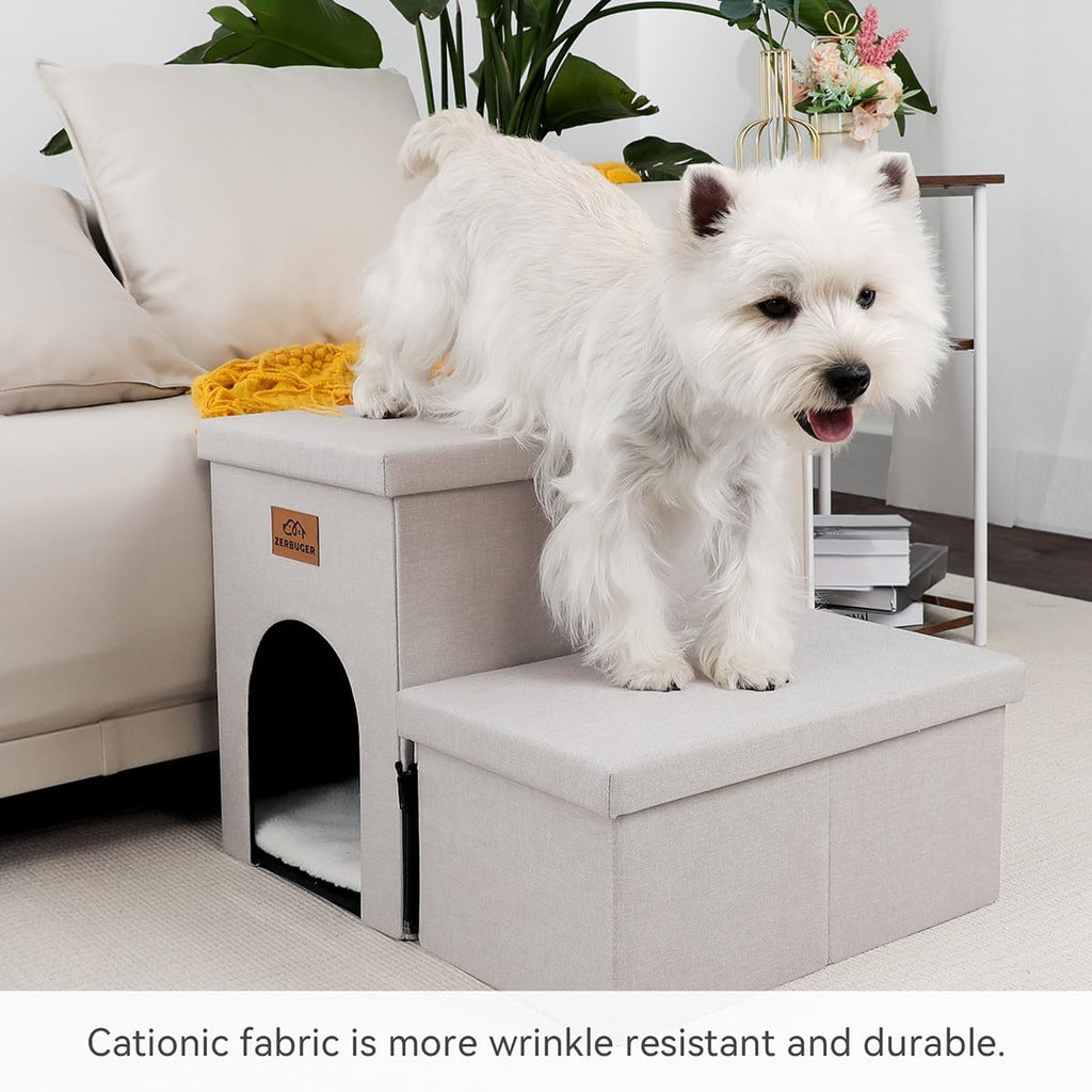 Zerbuger Dog Stairs with Condo 15" H, 2-Step Wider Dog Steps for Small/Medium/Large Old Dogs Cats, Folding Sturdy Storage Pet Stairs Climbing Bed Couch, Ramp for Car Hold Up to 150 lbs, Beige