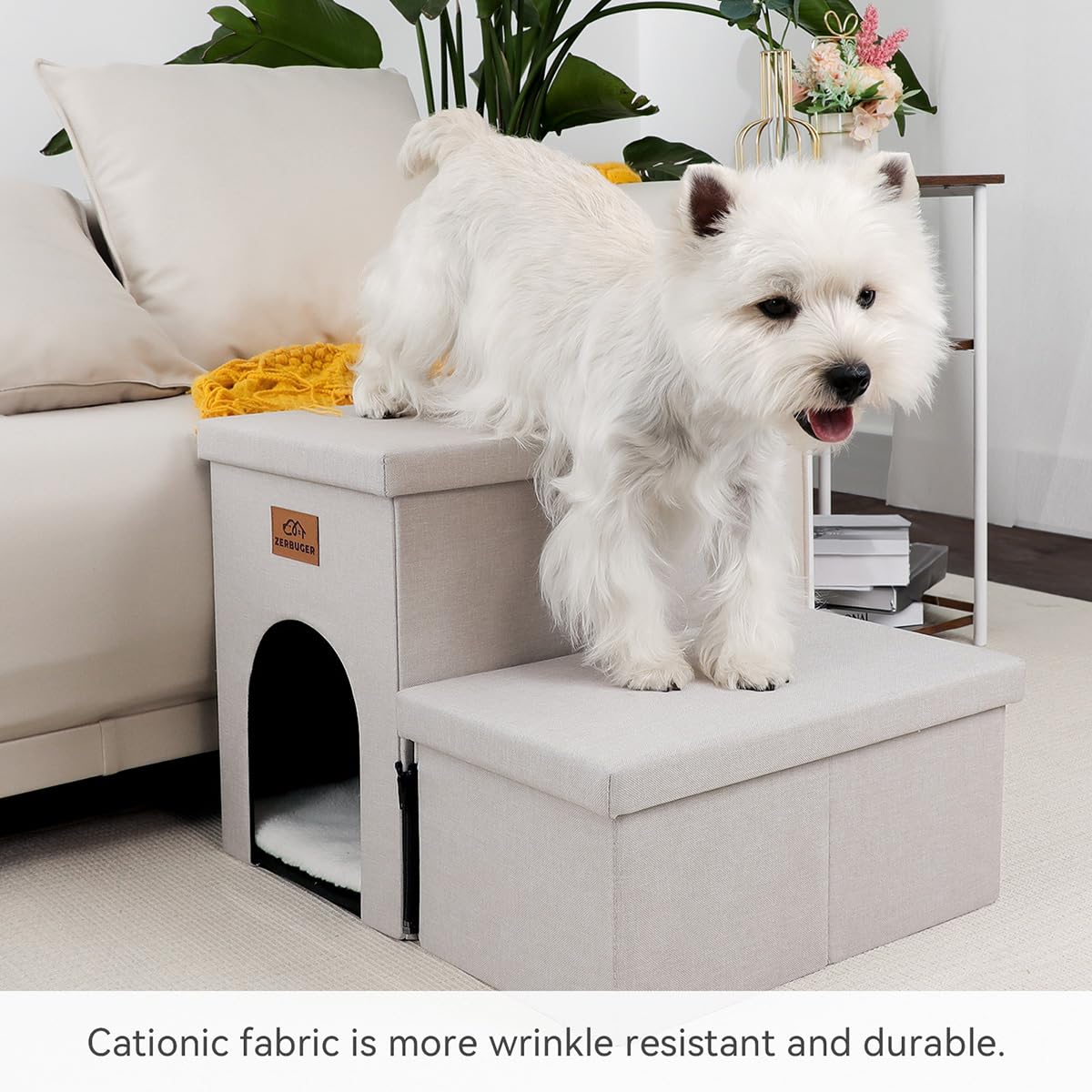 Zerbuger Dog Stairs with Condo 15" H, 2-Step Wider Dog Steps for Small/Medium/Large Old Dogs Cats, Folding Sturdy Storage Pet Stairs Climbing Bed Couch, Ramp for Car Hold Up to 150 lbs, Beige