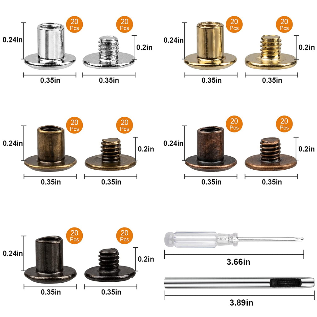 100 Sets Chicago Screws for Leather Crafting 7/20 Inch, 5 Colors of Rivets for Leather, Chicago Screws for DIY Leathercraft (Silver, Light Gold, Bronze, Antique Copper, GunMetel)