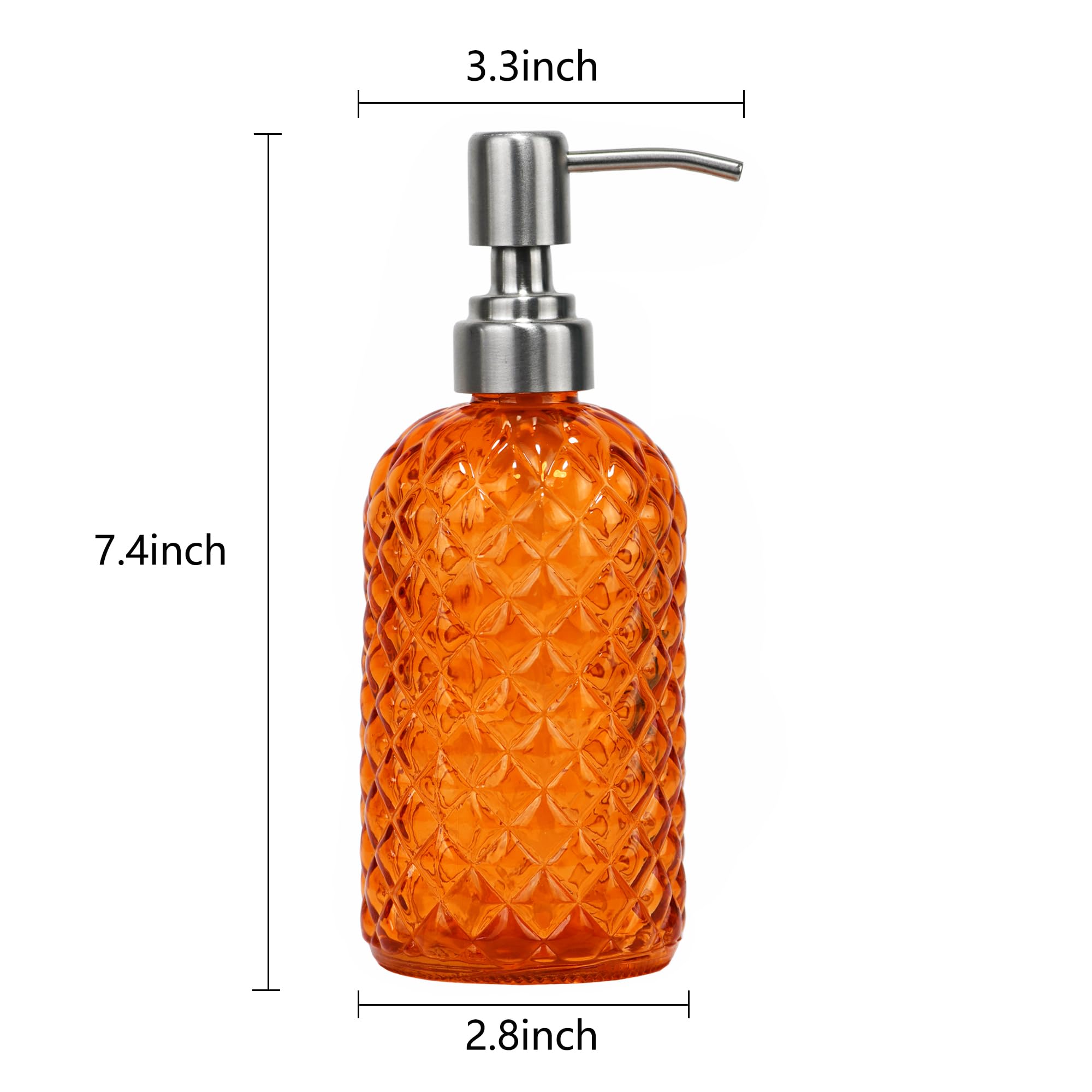 16 oz Diamond Pattern Glass Soap Dispenser, Kitchen and Bathroom Refillable Soap Dispenser with Rust Resistant Stainless Steel Pump for Hand Soap, Lotion Glass Liquid Dispenser(Amber)