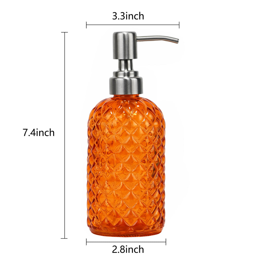 16 oz Diamond Pattern Glass Soap Dispenser, Kitchen and Bathroom Refillable Soap Dispenser with Rust Resistant Stainless Steel Pump for Hand Soap, Lotion Glass Liquid Dispenser(Amber)