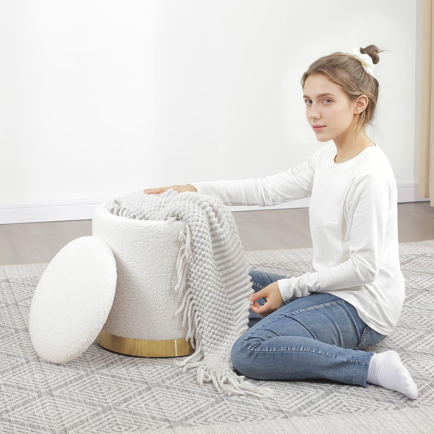 Joveco Boucle Round Ottoman with Storage,Vanity Stool with Storage for Bedroom, Ottoman Coffee Table,Small Boucle Foot Stool for Living Room, Black with Gold Plating