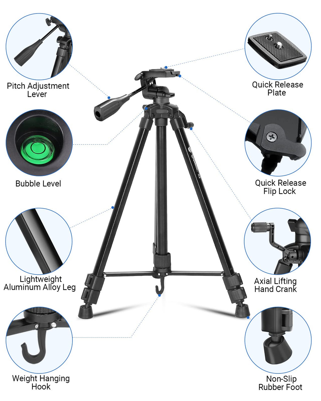 Fotopro 60" Camera Tripod, Carbon Fiber Travel Tripod with 360° Ball Head, Ultralight 2.1lbs, 22lbs Load, Quick Lock, Folds to 14.3" Carry-On, for DSLR Mirrorless Cameras, X-Aircross 3 Blue