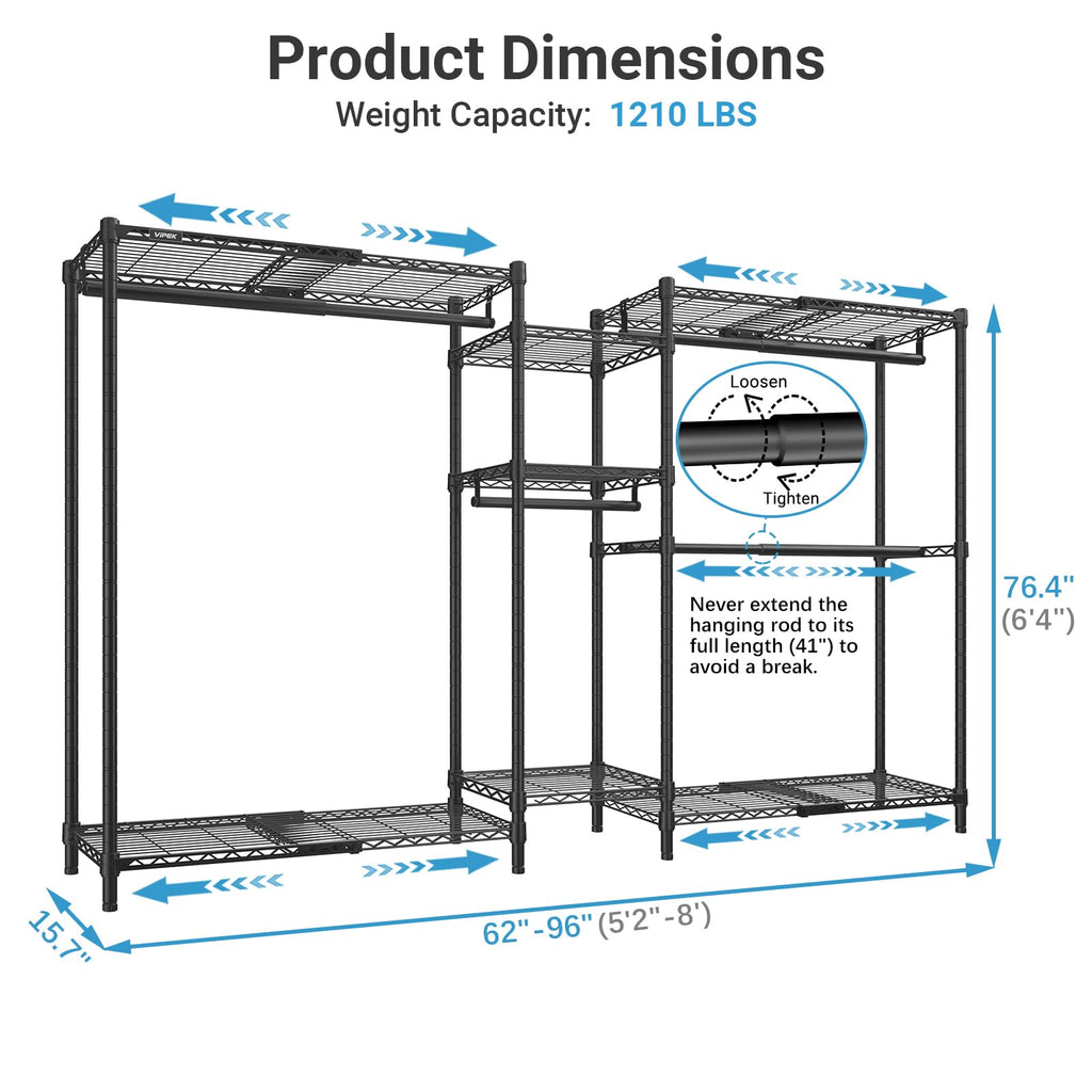 VIPEK Classic V6 Heavy Duty Clothes Rack, 7-Tier Garment Rack with Adjustable Shelves, Portable Closet Organizer with 4 Hanging Rods, Space-Saving, 850lbs Capacity, 68.9" L x 15.7" W x 76.4" H, Black