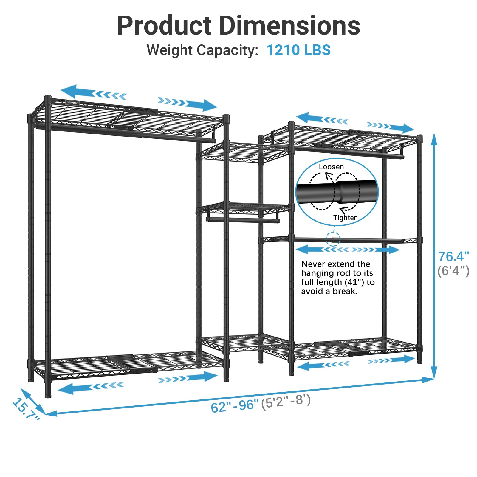 VIPEK Classic V6 Heavy Duty Clothes Rack, 7-Tier Garment Rack with Adjustable Shelves, Portable Closet Organizer with 4 Hanging Rods, Space-Saving, 850lbs Capacity, 68.9" L x 15.7" W x 76.4" H, Black