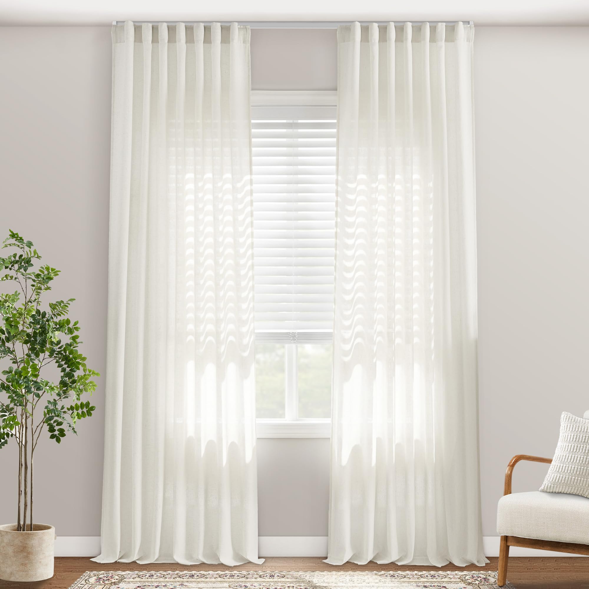 Black Linen Cotton Blend Sheer Curtains, Moody Light Filtering Drapes for Dark Academia Inspired Study Bedroom Living Room, 84 Inch Long 2 Panels Set
