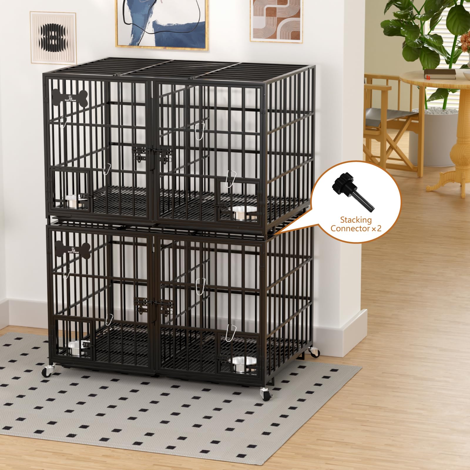 Dosker 42 inch Heavy Duty Metal Dog Crate with Divider for 2 Dogs/Large Dog, All Metal Open Top Escape Proof Cage, Indoor Dog Kennel with Wheels, Floor Grid, Tray, Feeding Bowl