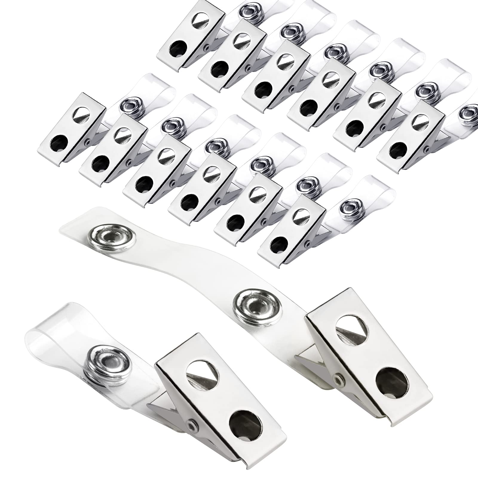 30Pcs Metal Badge Clips with Clear PVC Straps, Premium Double Hole Metal Badge Clips for ID Cards, Badge Holders, Name Tags Work Badges
