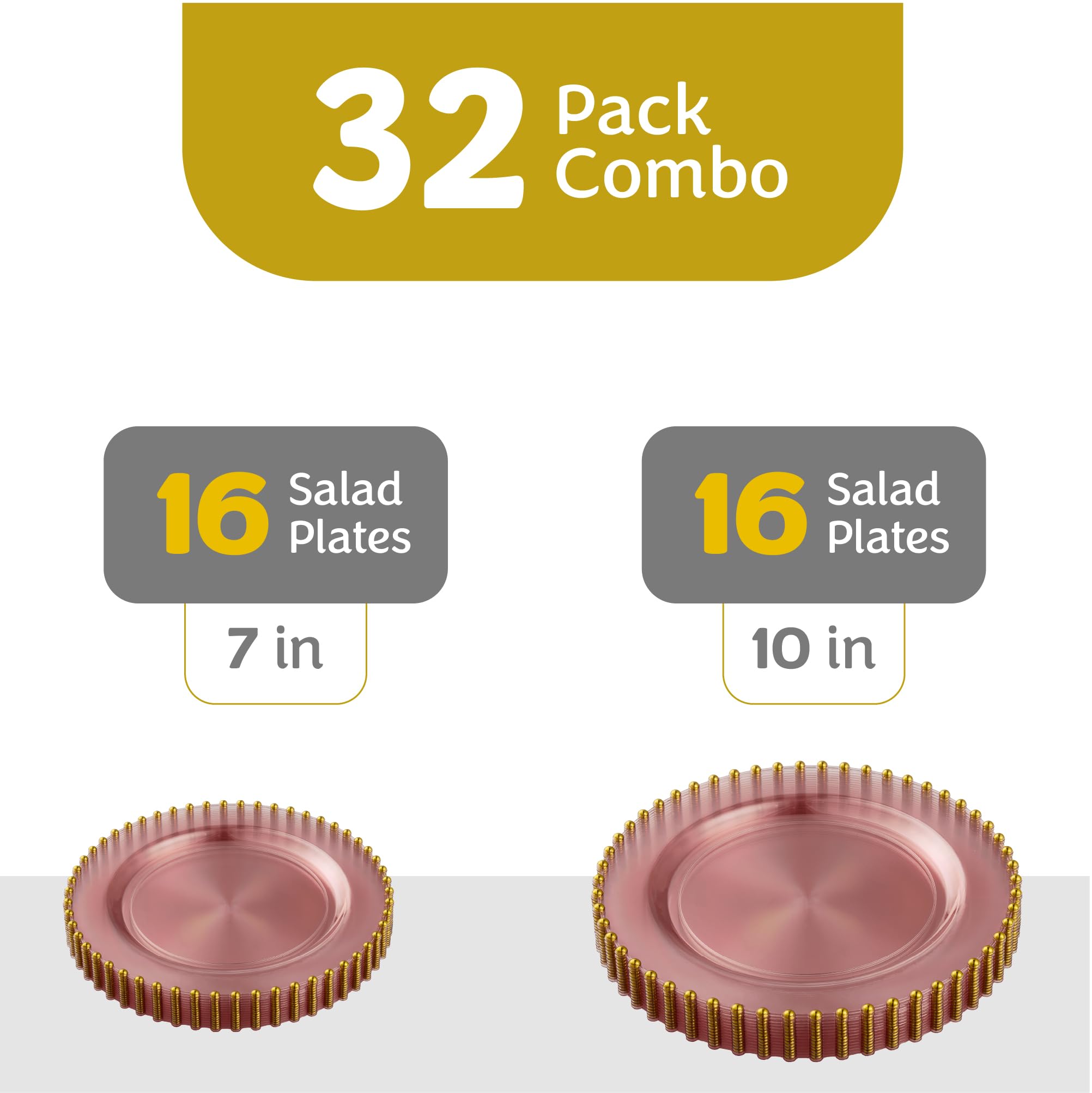 PLASTICPRO 32 Piece Combo Plastic Dinner Plates Disposable Plastic Fancy Heavy Duty Party Dishes 7 inch and 10 inch, Black and Gold Beaded
