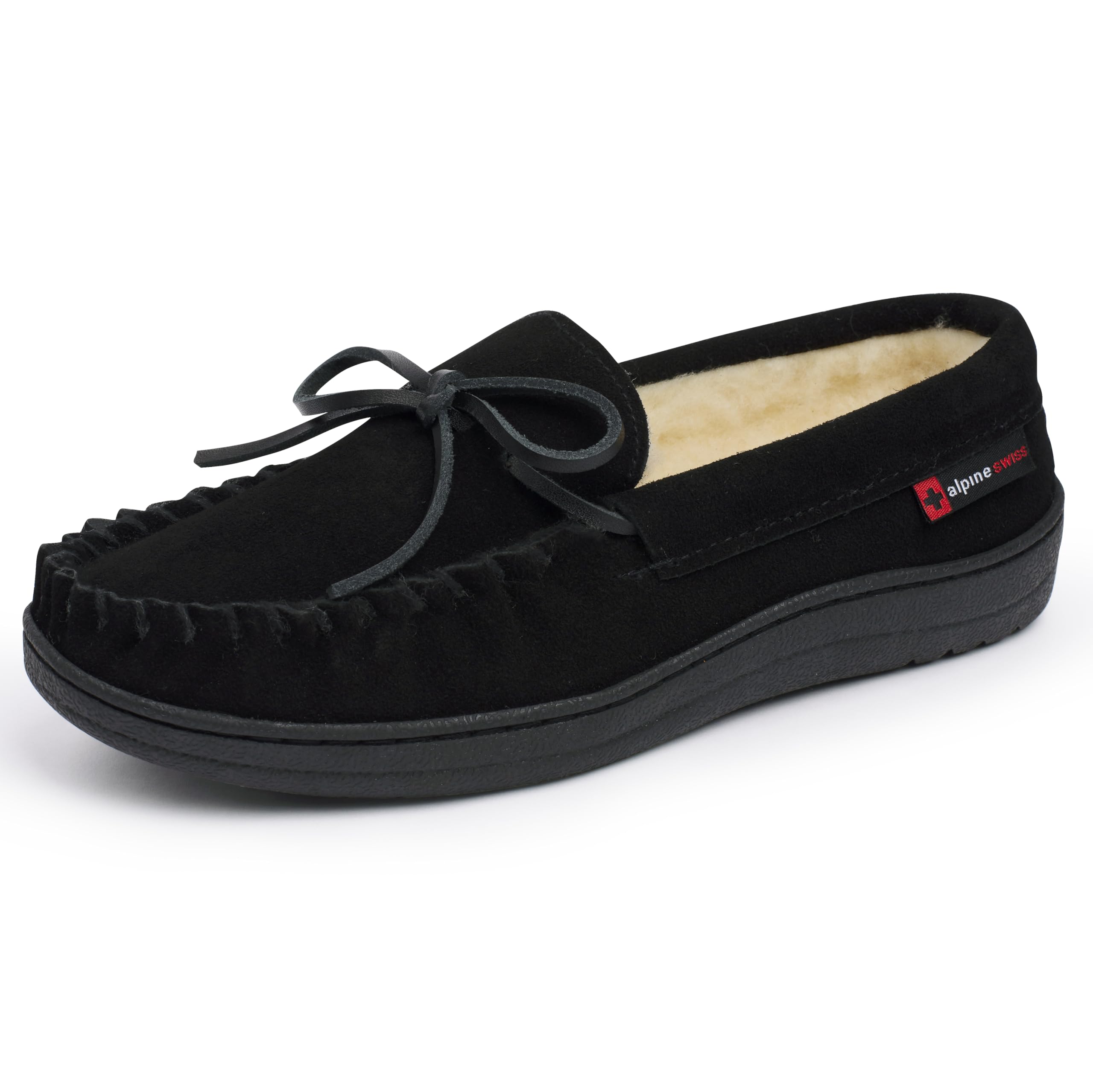 Alpine Swiss Sabine Womens Moccasin Slippers Genuine Suede House Shoe Memory Foam Insole Plush Faux Shearling Fur Indoor Outdoor Anti-Slip Rubber Sole