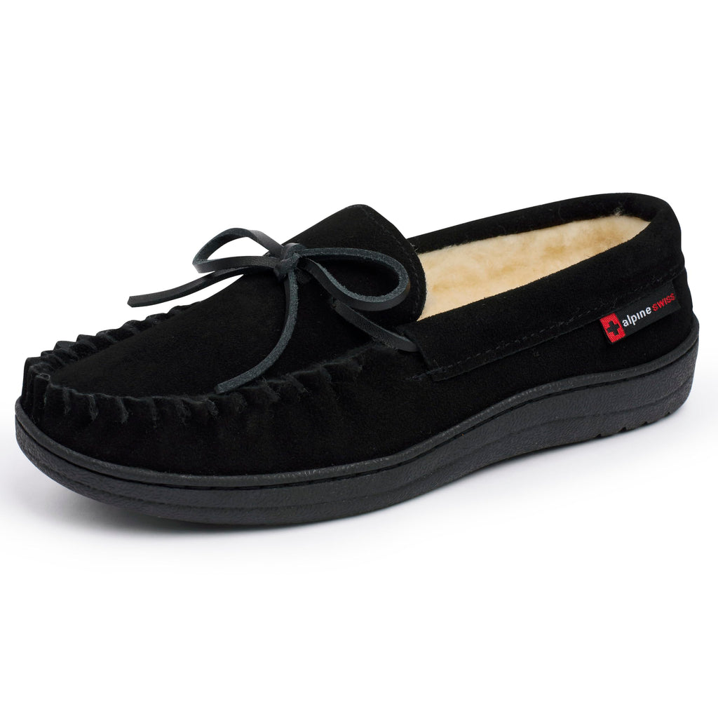 Alpine Swiss Sabine Womens Moccasin Slippers Genuine Suede House Shoe Memory Foam Insole Plush Faux Shearling Fur Indoor Outdoor Anti-Slip Rubber Sole