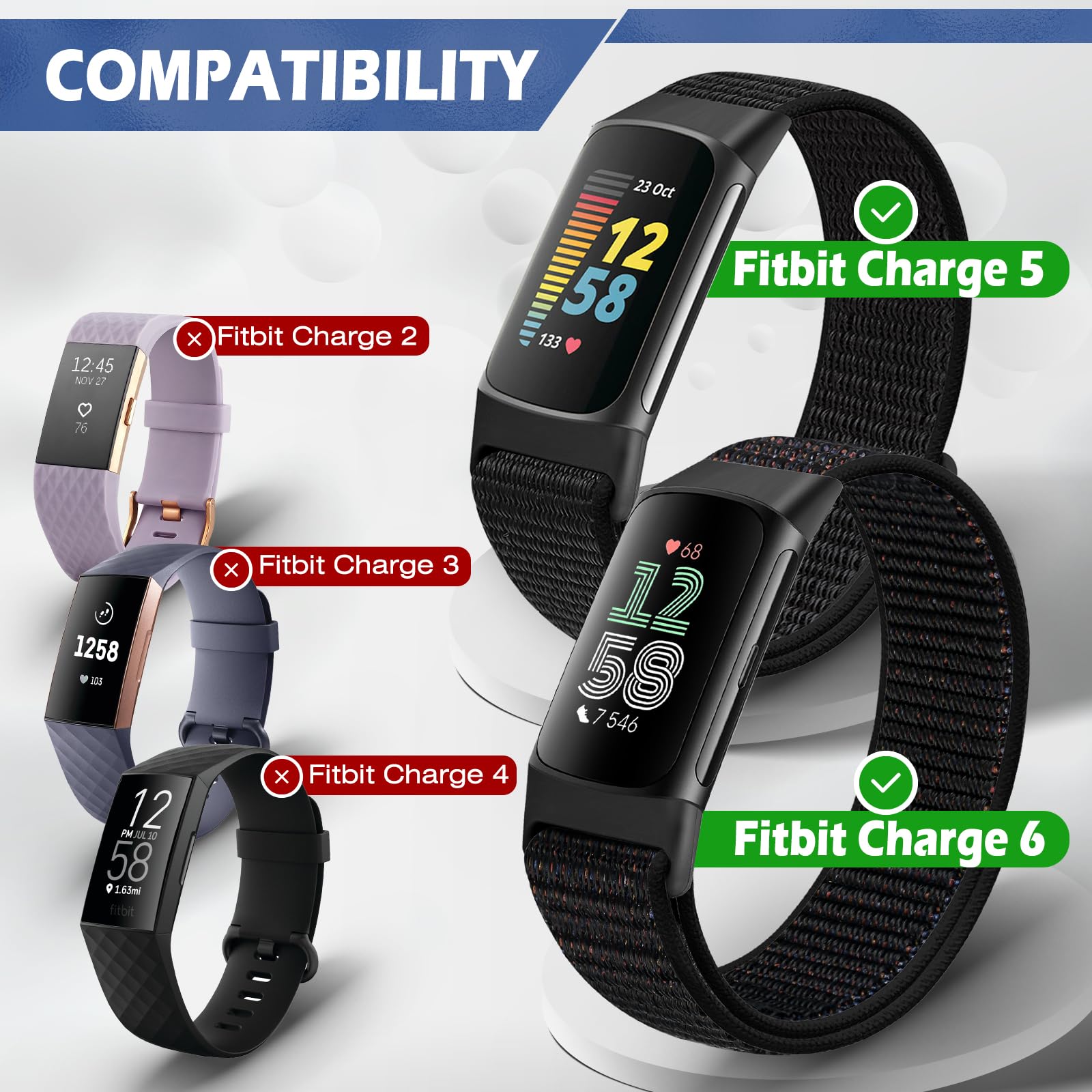 Sport Loop Nylon Watch Bands Compatible with Fitbit Charge 6/5, Adjustable Breathable Replacement Soft Nylon Loop Wristband for Women/Men