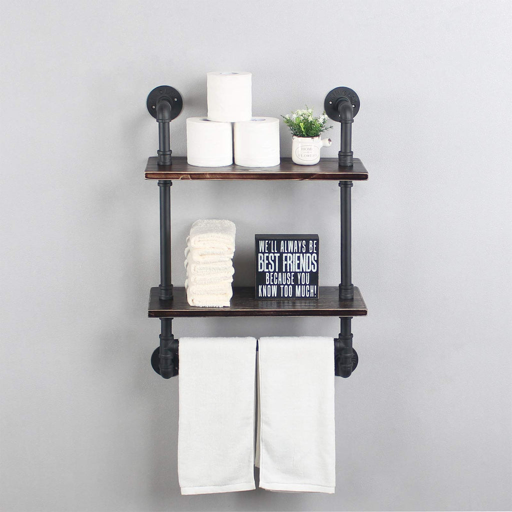 MBQQ Industrial Pipe Shelf Bathroom Shelves Wall Mounted,19.6in Rustic Wood Shelf with Towel Bar,1 Tier Farmhouse Towel Rack,Pipe Shelving Floating Shelves Towel Holder,Black & White