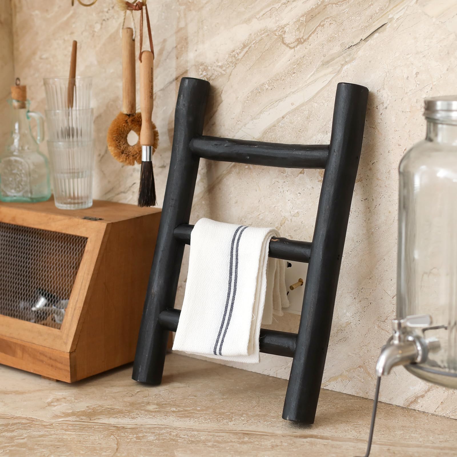FUIN 57in Wood Blanket Ladder Living Room Decorative Wall Leaning Farmhouse Quilt Display Holder Rustic Wooden Towel Rack for Bathroom, Black