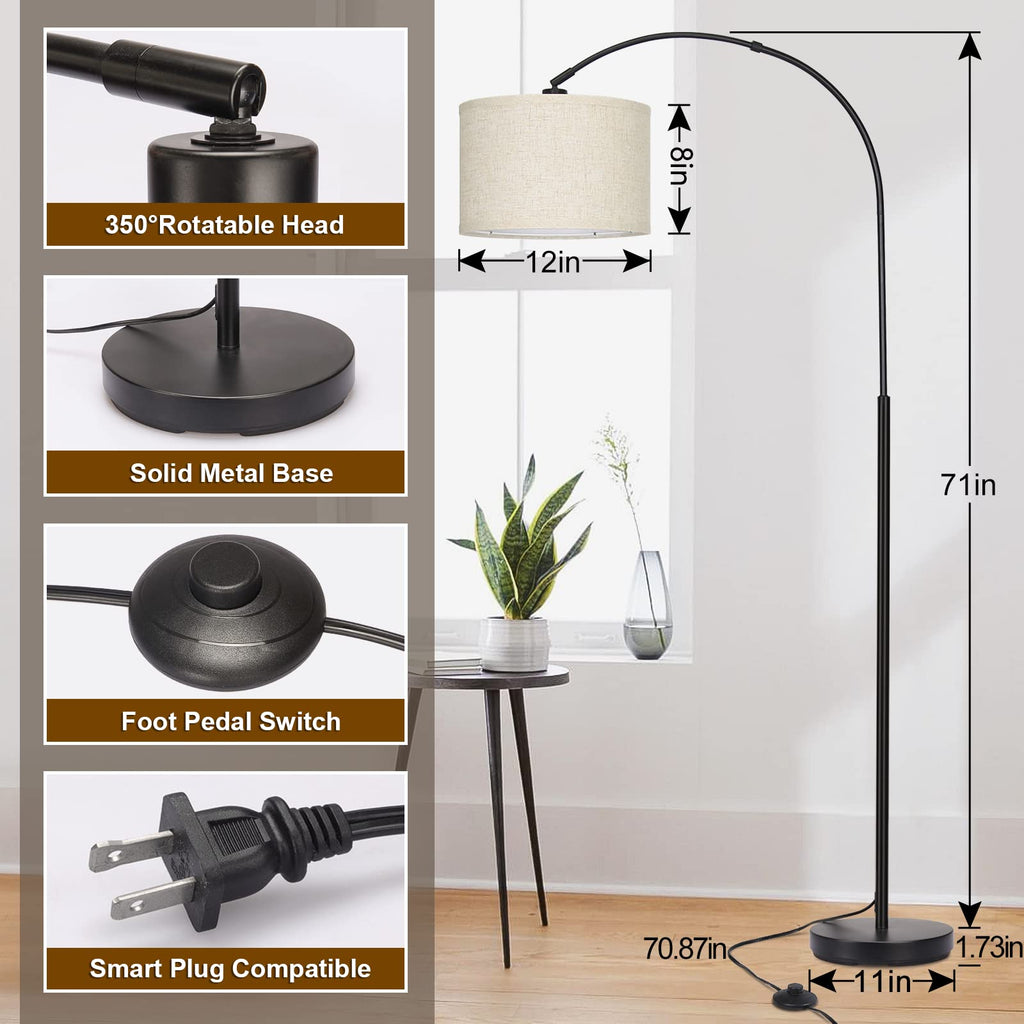 Rattan Floor Lamp, Arc Floor Lamps for Living Room, Farmhouse Standing Lamp with Adjustable Hanging Fabric Shade, Tall Pole Lamp with Foot Switch, Over Couch Arched Reading Light for Bedroom, Office