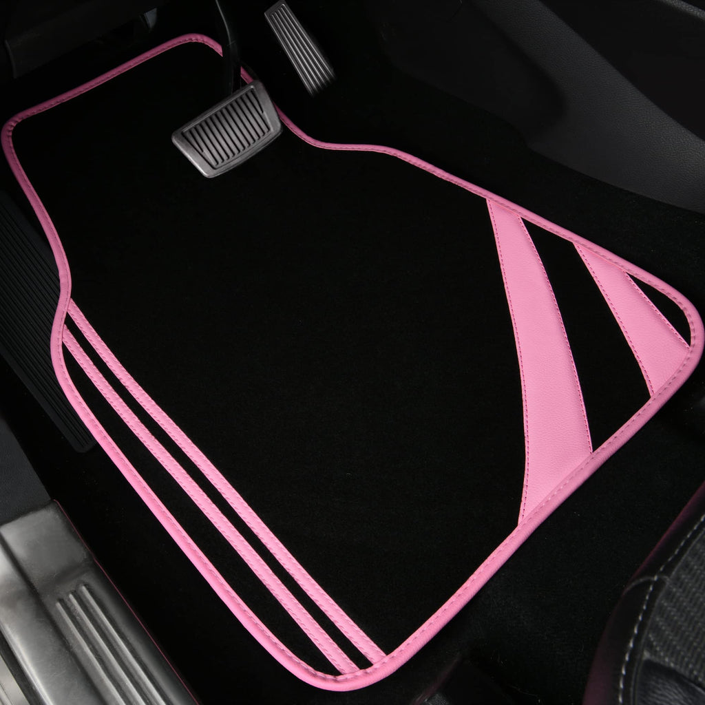 CAR PASS Car Seat Covers Full Set for Women Girls with Waterproof Car Floor Mats,Anti-Slip Leather Steering Wheel Cover,Universal Fit for SUVs,Vans,Trucks,Sedans,Cars (Combo Set,Black & Pink)