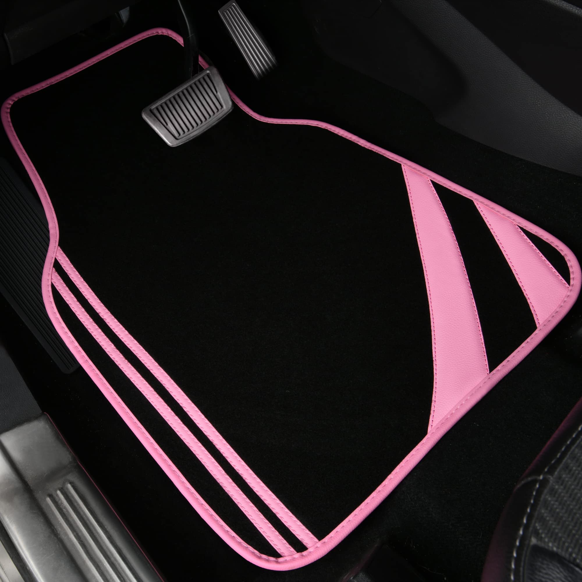 CAR PASS Car Seat Covers Full Set for Women Girls with Waterproof Car Floor Mats,Anti-Slip Leather Steering Wheel Cover,Universal Fit for SUVs,Vans,Trucks,Sedans,Cars (Combo Set,Black & Pink)