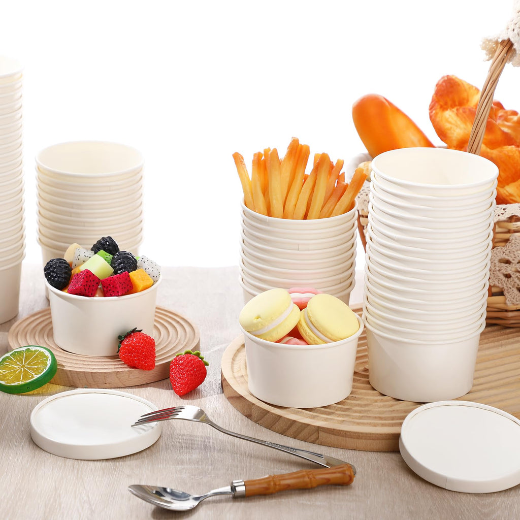 Fulmoon 100 Pack Paper Soup Containers with Lids Disposable Paper Food Containers with Vented Lid Kraft Ice Cream Cake Dessert Cups Soup Bowl for Party Hot Food Fruit Microwave(4 oz,Brown)