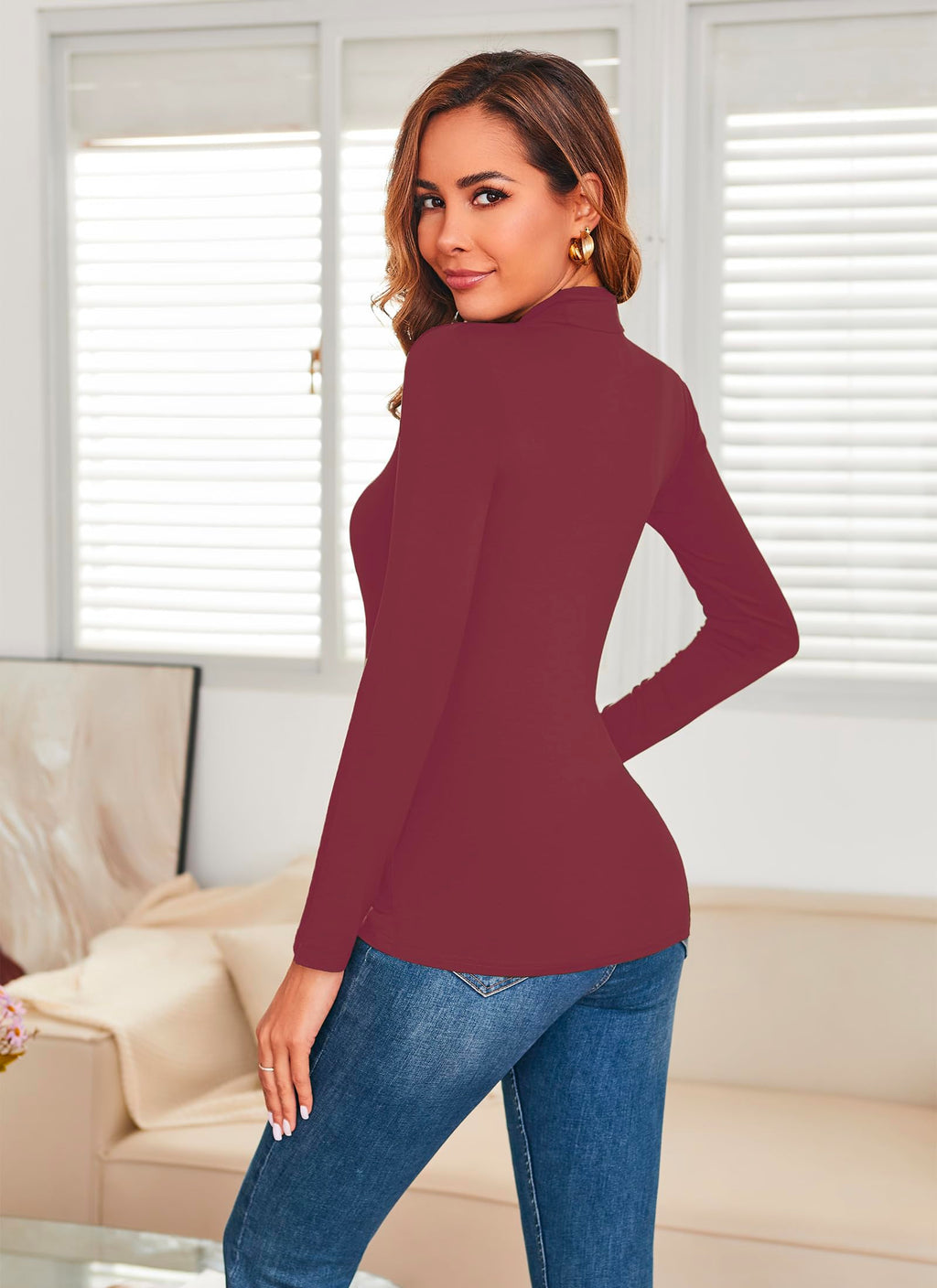 Women's Long Sleeve Mock Turtleneck Tops Casual Slim Fitted Lightweight Under Layer Pullover Shirts
