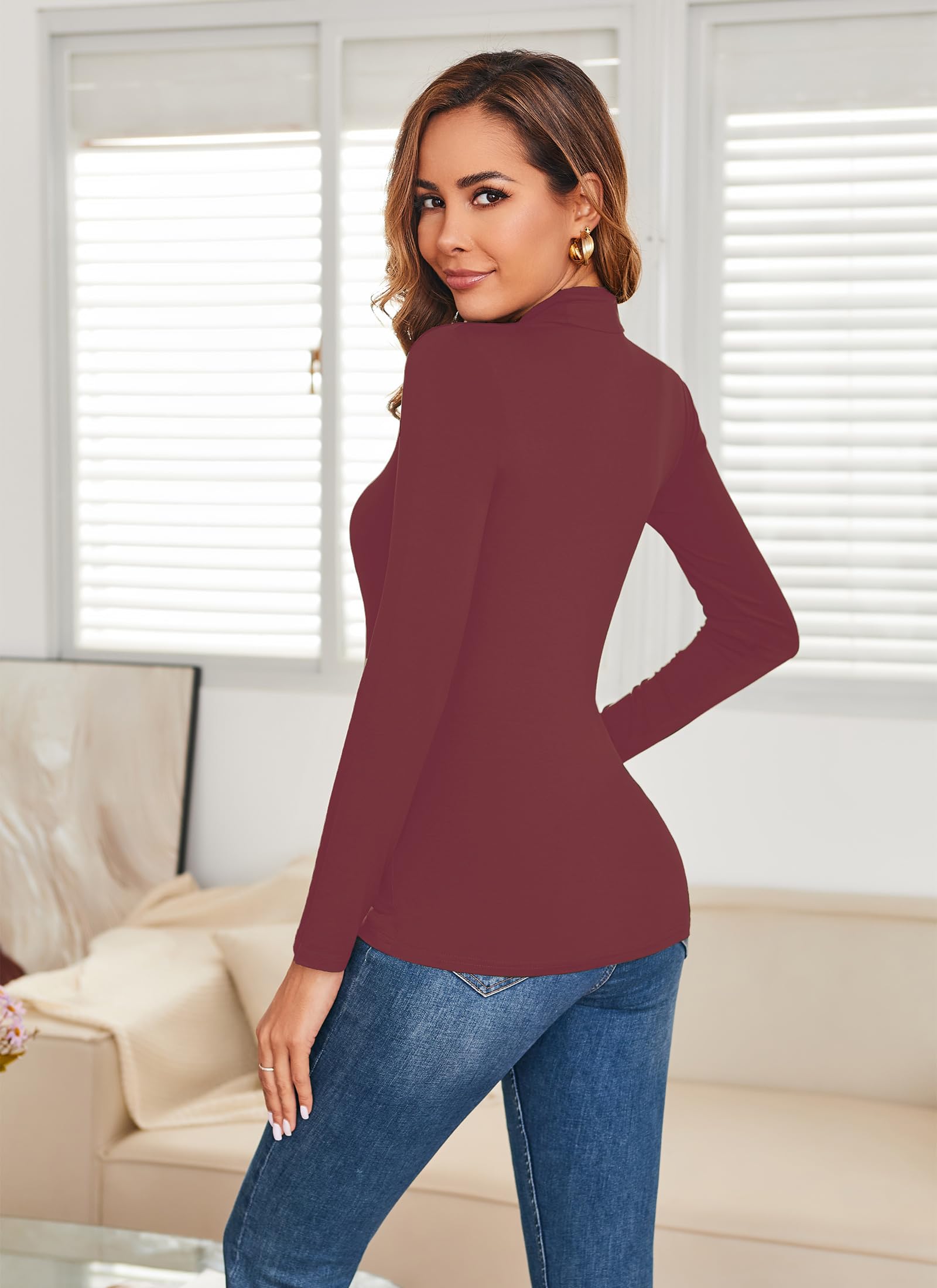 Women's Long Sleeve Mock Turtleneck Tops Casual Slim Fitted Lightweight Under Layer Pullover Shirts