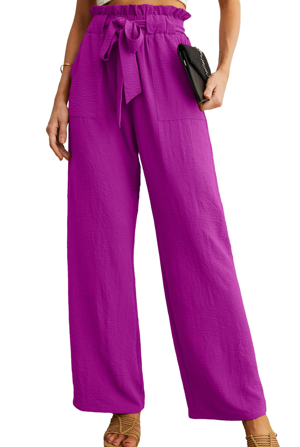 IWOLLENCE Women High Waist Palazzo Pants, Adjustable Knot Ankle Wide Leg Trousers Pockets Beach Vacation Lounge Office