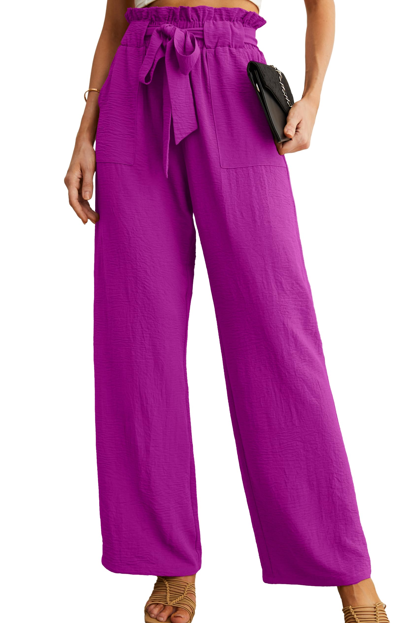 IWOLLENCE Women High Waist Palazzo Pants, Adjustable Knot Ankle Wide Leg Trousers Pockets Beach Vacation Lounge Office