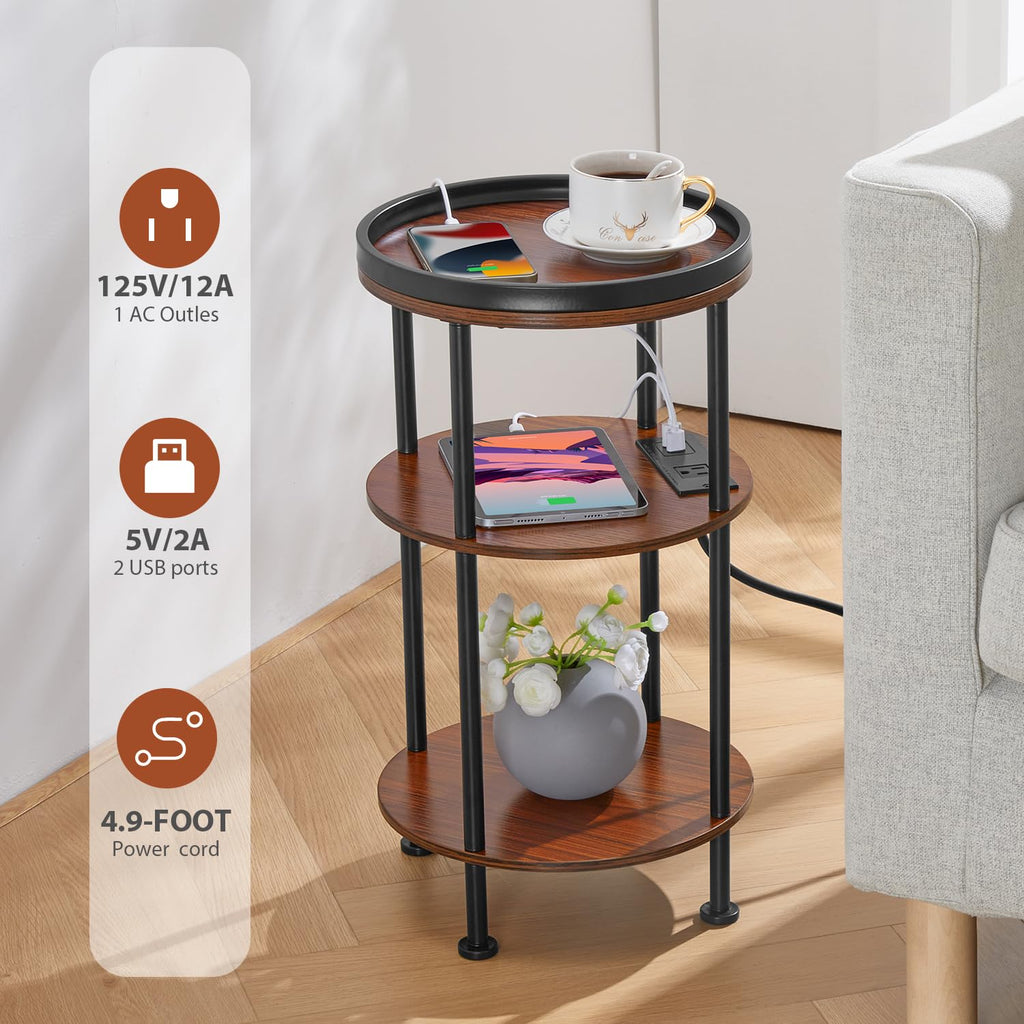 Small Round Side Table with Charging Station for Small Spaces, 3-Tier Accent Table with USB Ports & Power Outlets, Sofa Corner Tea Table for Living Room Nightstand Bedroom Apartment (Black)