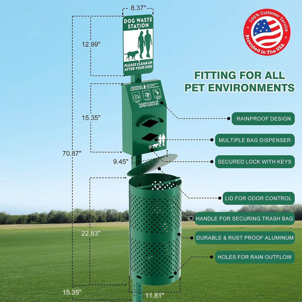 POCHAR Aluminum Rustproof Dog Waste Disposal Station for Pet Parks – 10 Gallon Outdoor Pet Poop Station with Reflective Sign & Lid – Durable Trash Bin for Backyard Dog Waste