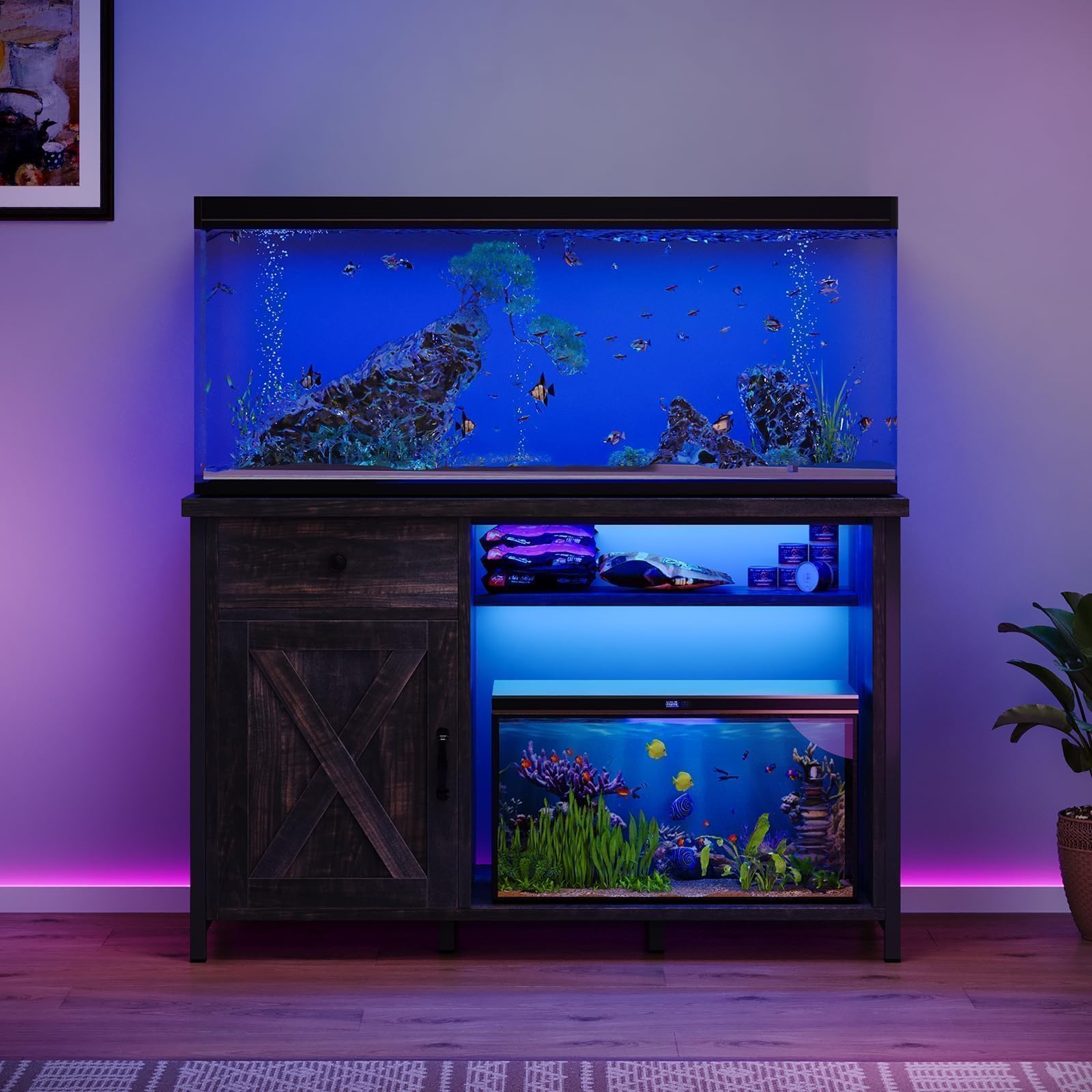 4ever2buy 55-75 Gallon Fish Tank Stand with Power Outlets, LED Light, Heavy Duty Aquarium Stand with Cabinet for Fish Tank Accessories Storage, for Turtle Tank, Reptile Terrarium, 1100LBS, Black