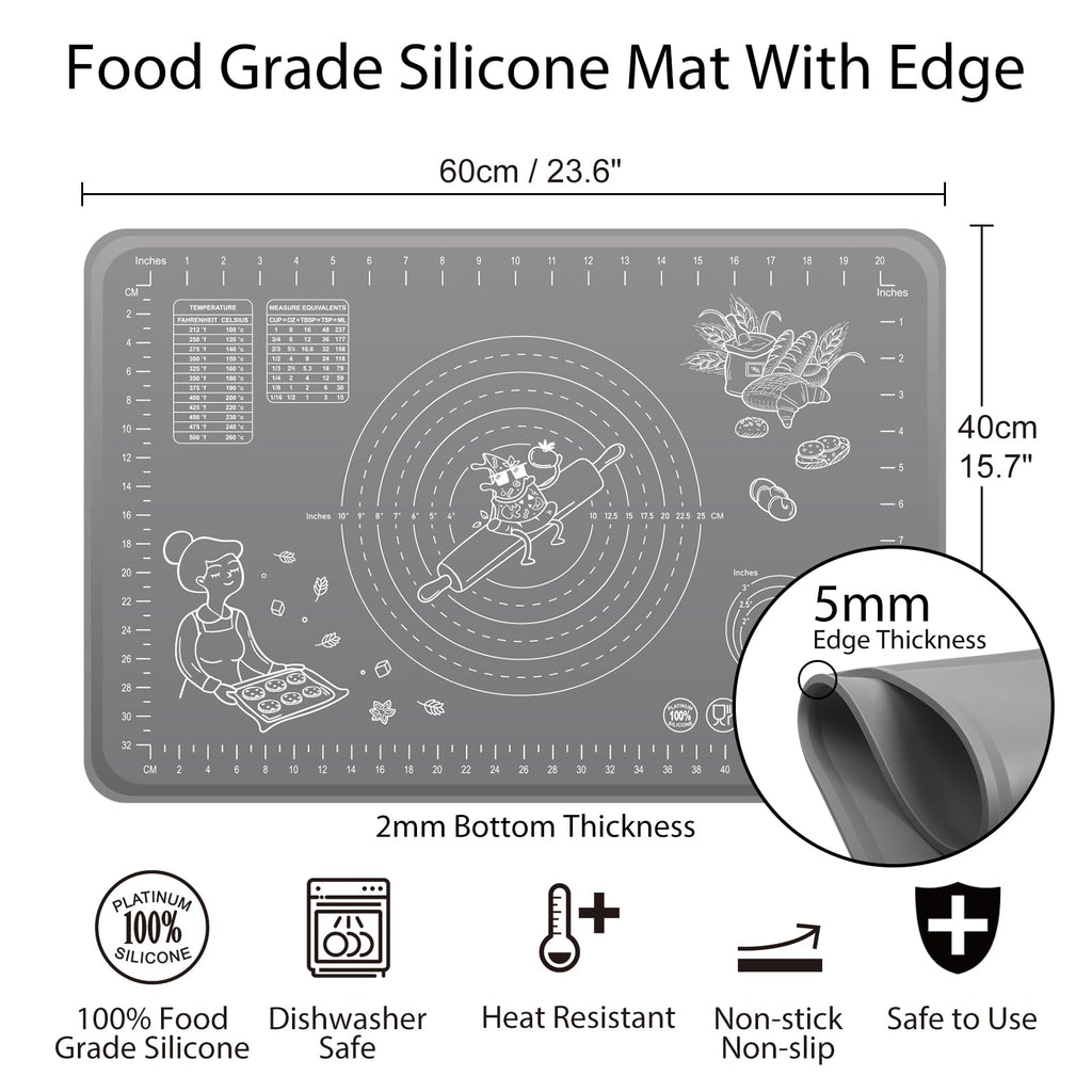 Silicone Baking Mat 24" x 16" Extra Thick Non-stick Pastry Mat with Measurements and Edge Heightening, Food Grade Silicone for Countertop Dough Rolling Making Bread, Cookies, Pizza, Fondant, Pasta