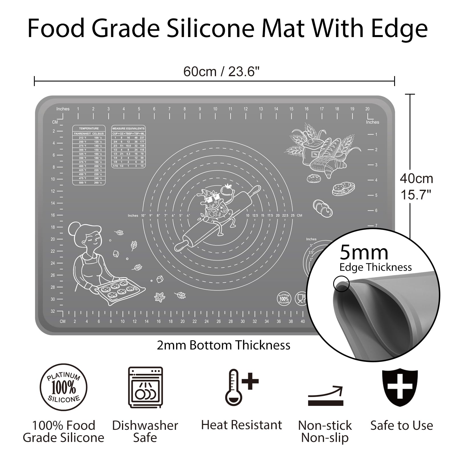 Silicone Baking Mat 24" x 16" Extra Thick Non-stick Pastry Mat with Measurements and Edge Heightening, Food Grade Silicone for Countertop Dough Rolling Making Bread, Cookies, Pizza, Fondant, Pasta
